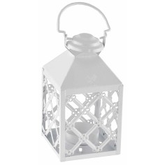 Linterna blanca de metal con soporte para vela 7,5x7,5 x17,5 h