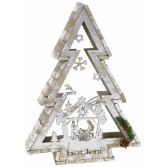 White wooden tree with candle holder and Nativity h 58 cm