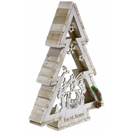 Árbol de madera blanca con portavelas y Natividad h 58 cm