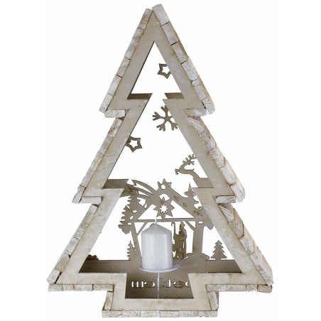 Árbol de madera blanca con portavelas y Natividad h 58 cm