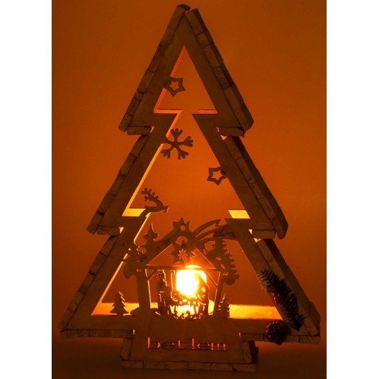 White wooden tree with candle holder and Nativity h 58 cm