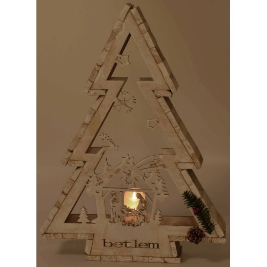 Albero in legno bianco con portacandela e Natività h 58 cm