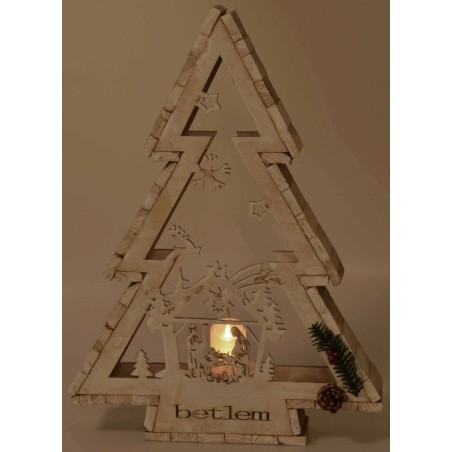 Árbol de madera blanca con portavelas y Natividad h 58 cm