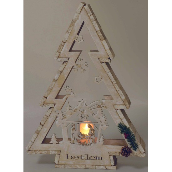Árbol de madera blanca con portavelas y Natividad h 58 cm