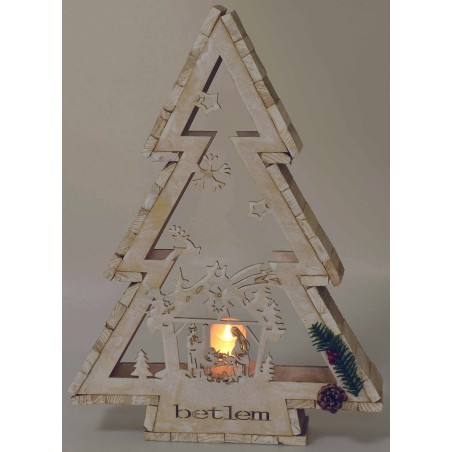 White wooden tree with candle holder and Nativity h 58 cm