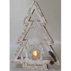 White wooden tree with candle holder and Nativity h 58 cm 2