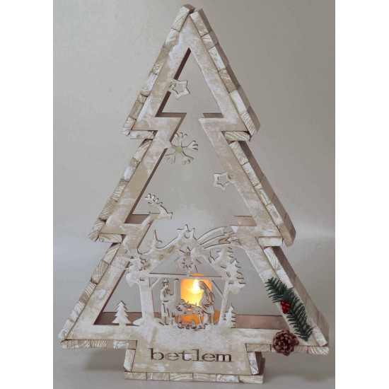 White wooden tree with candle holder and Nativity h 58 cm