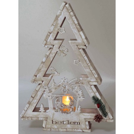 Árbol de madera blanca con portavelas y Natividad h 58 cm