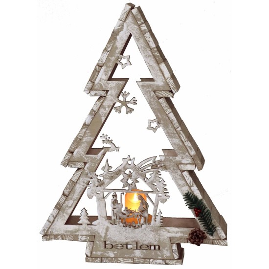 Albero legno bianco con portacandela e scenario Natività