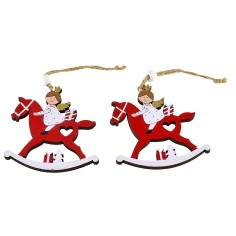 Set de 2 ángeles a caballo rojo en madera de 8x9 cm de altura