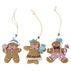 Set 3 appendini omini biscotto glitterati in resina Natale