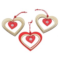 Set 3 addobbi a cuore in legno da appendere cm 8x7,5 h