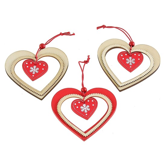 Set 3 addobbi a cuore in legno da appendere cm 8x7,5 h