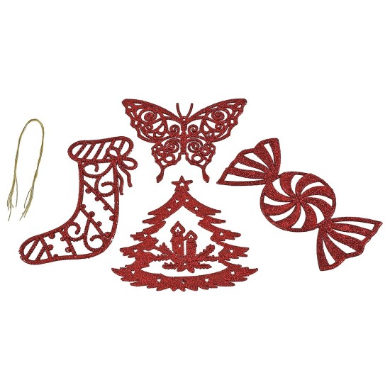Set 4 decorazioni per albero di Natale rosso glitterato