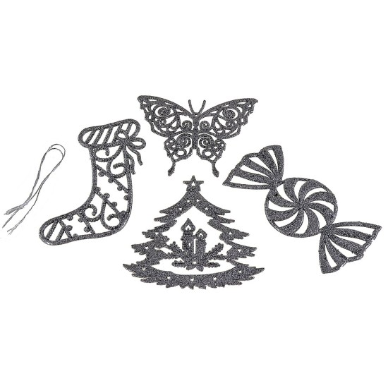 Juego de 4 adornos para árbol de Navidad color plata con brillo