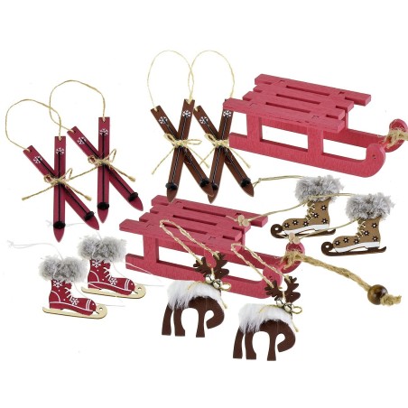 Caja de regalo con adornos variados de madera, renos.