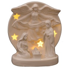 Nativity with illuminated porcelain angel 12.5x10x16 cm h