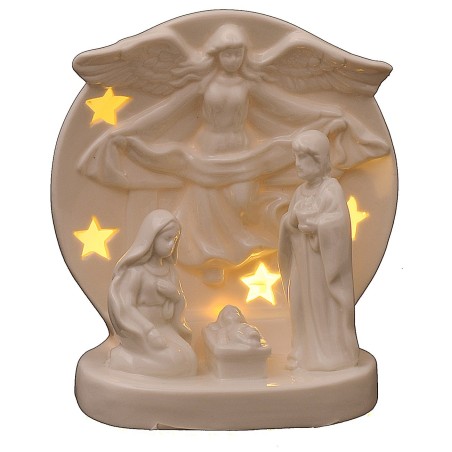 Natività con angelo in porcellana illuminata cm 12,5x10x16 h