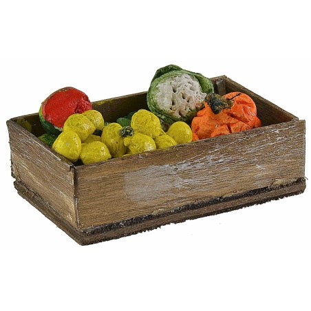 Wooden box with assorted fruit and vegetables 7x4x2.3 h cm