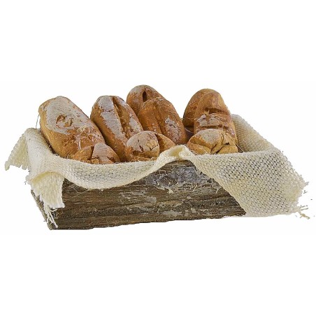 Wooden crate with bread on a cloth, dimensions 5.3x3.5x1.5 cm h