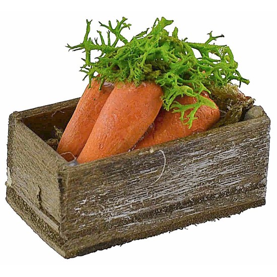 Caja de madera con zanahorias de 3,2x2,1x1,4 cm de altura.