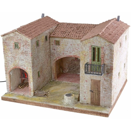 Casolare stuccato con fuoco funzionante illuminato cm 50x40x35 h