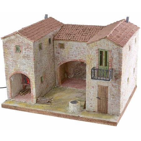 Casolare stuccato con fuoco funzionante illuminato cm 50x40x35 h