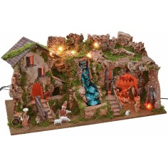 Illuminated landscape with cave, waterfall and fire complete with