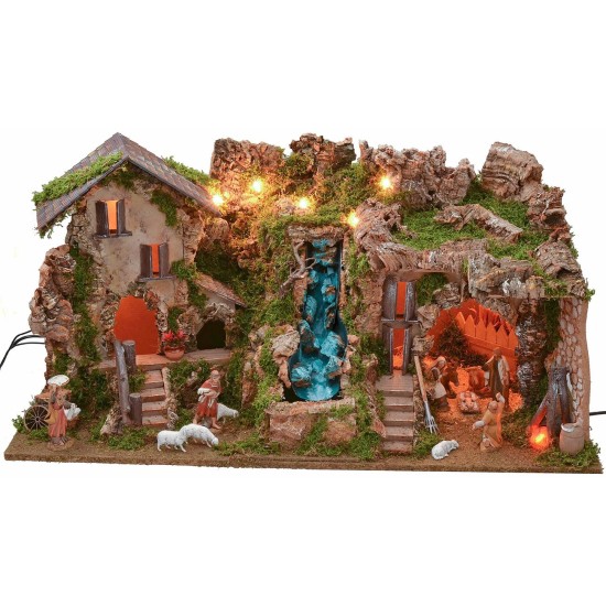 Belén iluminado con cueva, cascada y fuego completo con figuras