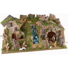 Presepe illuminato con grotta, cascata e fuoco completo di 2