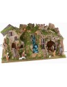Presepe illuminato con grotta, cascata e fuoco completo di