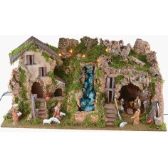 Illuminated nativity scene with cave, waterfall and fire 2