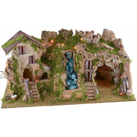 Belén iluminado con cueva, cascada y fuego de 77x37x38 cm h
