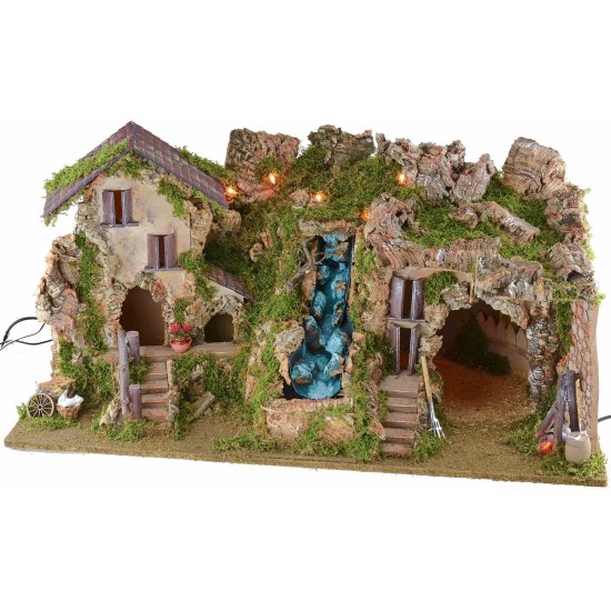 Illuminated nativity scene with grotto, waterfall, and fire cm 77x37x38 h