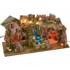 Pesebre iluminado con gruta, cascada y fuego cm 77x37x38 h