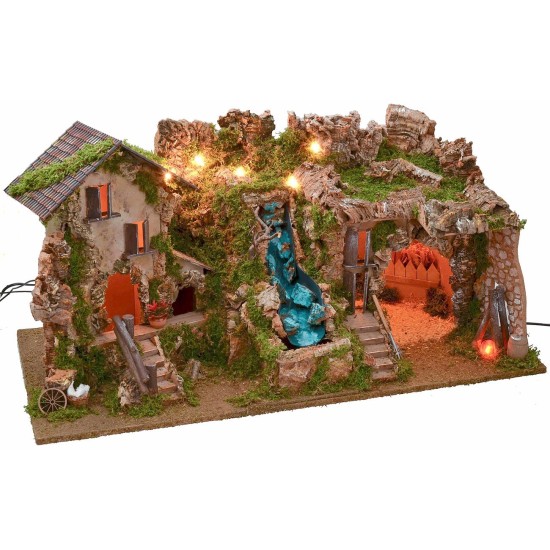 Belén iluminado con cueva, cascada y fuego de 77x37x38 cm h