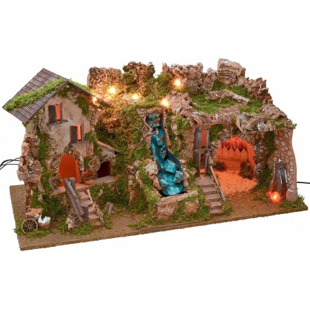 Presepe illuminato con grotta, cascata e fuoco cm 77x37x38 h