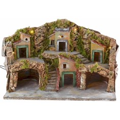 Illuminated nativity scene with two caves and central staircase cm 2