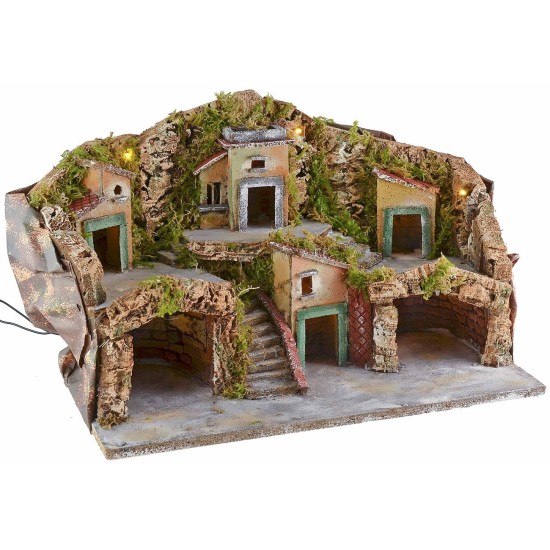 Illuminated nativity scene with two caves and central staircase cm