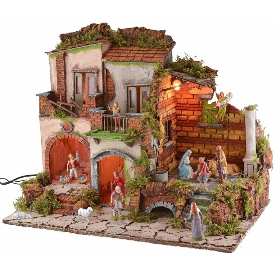 Illuminated nativity scene with complete 18th century style working fountain