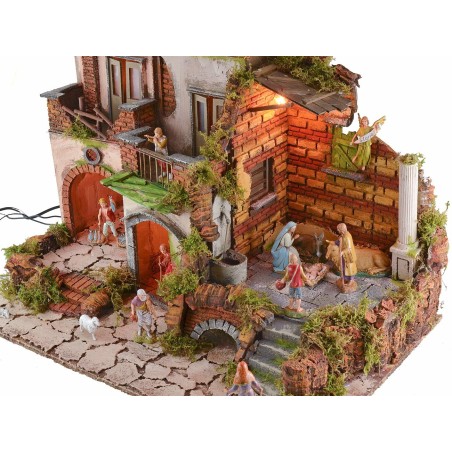 Illuminated nativity scene with complete 18th century style working fountain