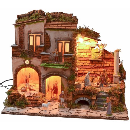 Illuminated nativity scene with complete 18th century style working fountain