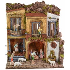 Illuminated nativity scene with working oven and fountain in 18th century style
