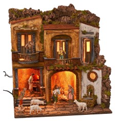 Illuminated nativity scene with working oven and fountain in 18th century style 2