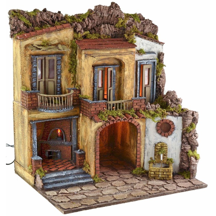 Illuminated village with working oven and fountain, 18th-century style cm