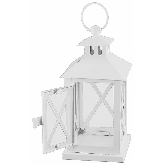 White metal lantern with front opening 10.5x10.5x26.5 cm h