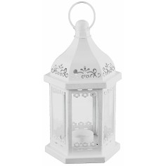 White hexagonal metal lantern with tea light holder