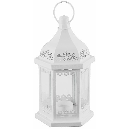 White hexagonal metal lantern with tea light holder