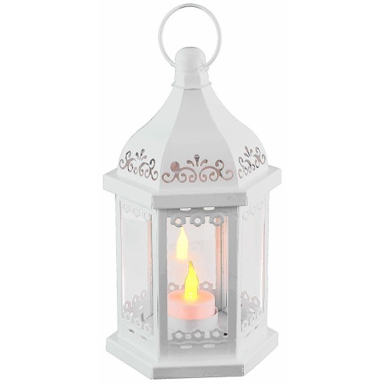 White hexagonal metal lantern with tea light holder