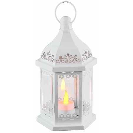 White hexagonal metal lantern with tea light holder